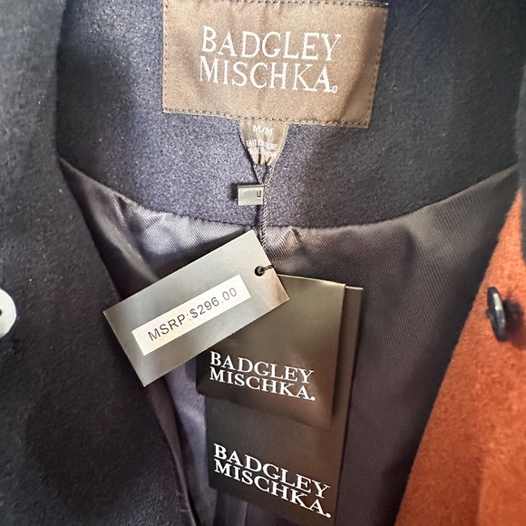 Brand new! Badgley Mischka Terry color blocking Cognac/Navy long coat. Size-M. - Picture 12 of 16